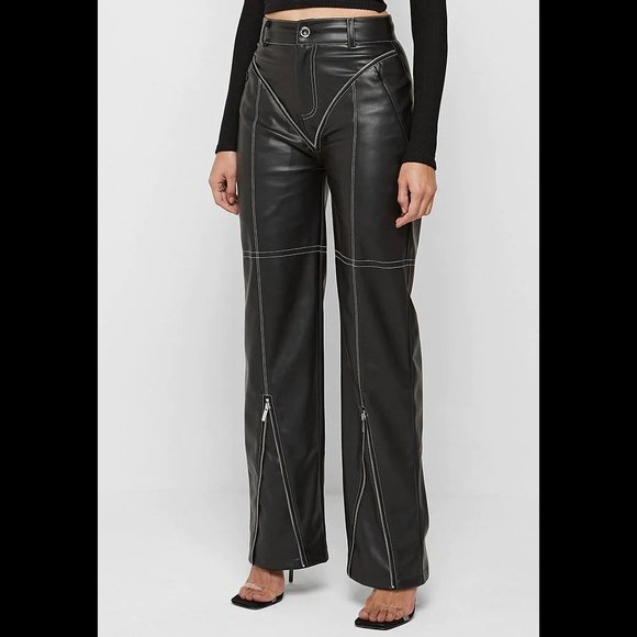 💥HOT ITEM💥MANIÈRE DE VOIR Leather High Waist Wide Leg Moto Pants in Black - Picture 6 of 15